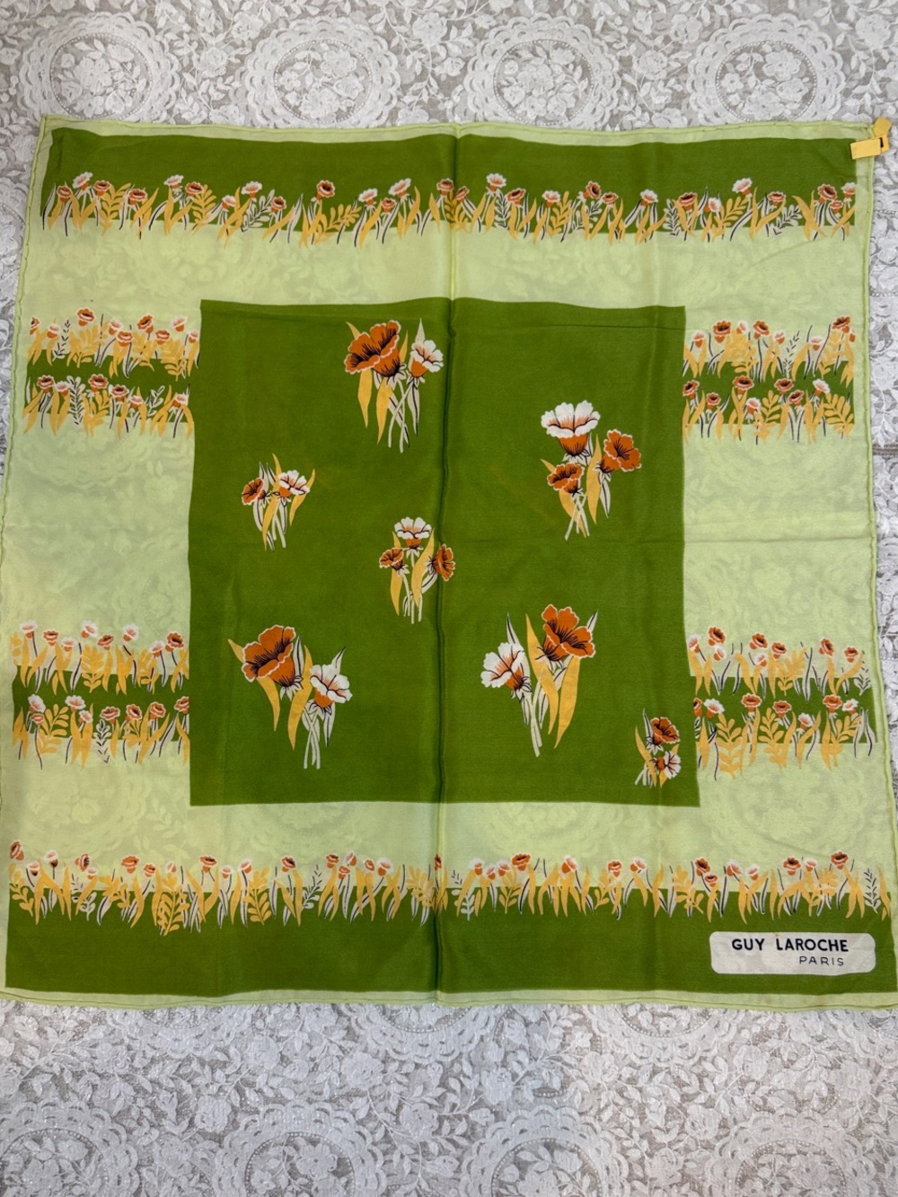 Guy Laroche Olive and Lime Floral Silk Scarf